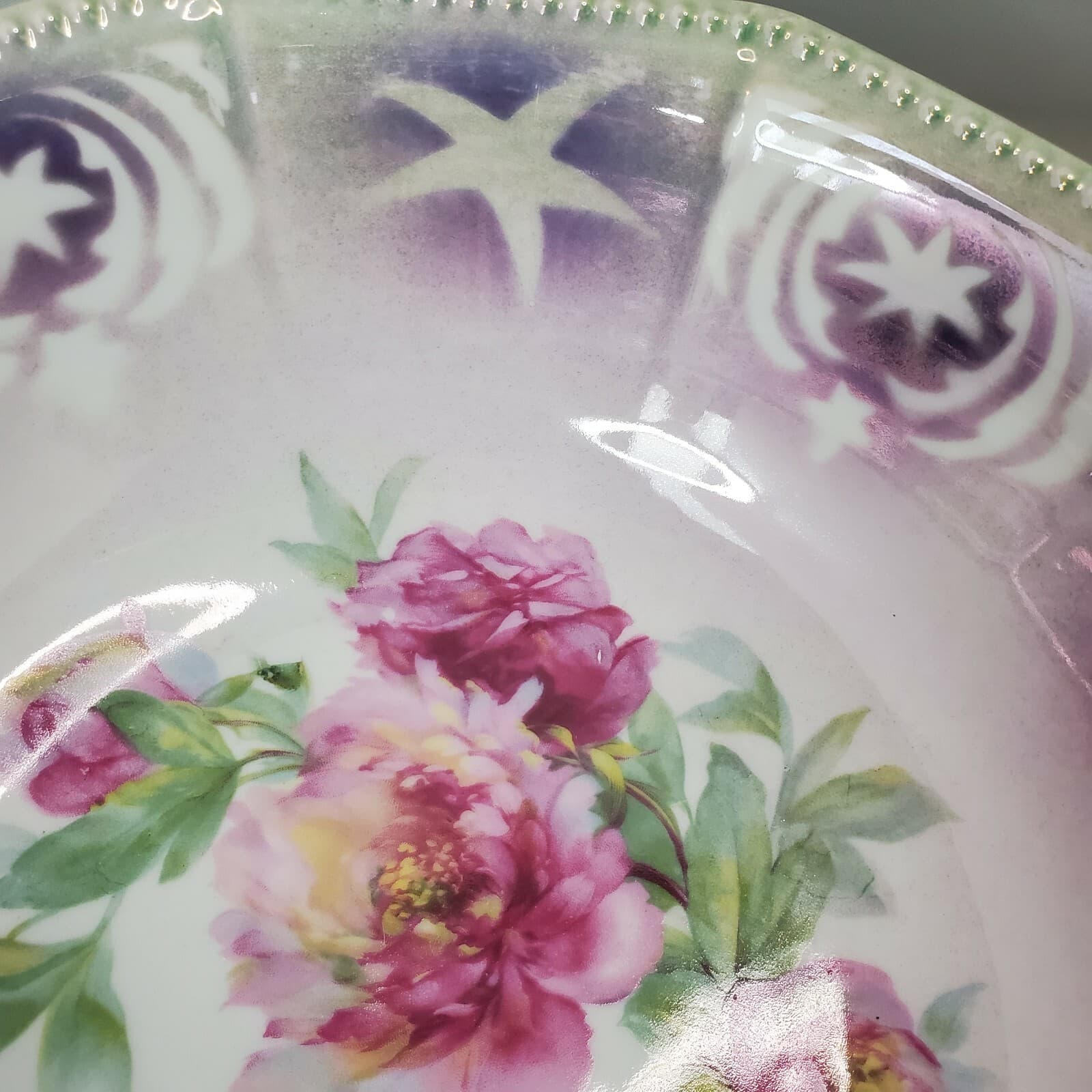 Vintage K&L Germany Porcelain Transfer Vegetable Serving Bowl Roses Star Flowers - Thumbnail 3