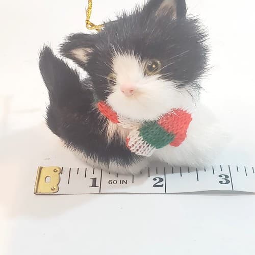 Faux Fur Kitten Miniature Christmas Ornament Cat Kitten Glass Eyes Black & White - Thumbnail 5