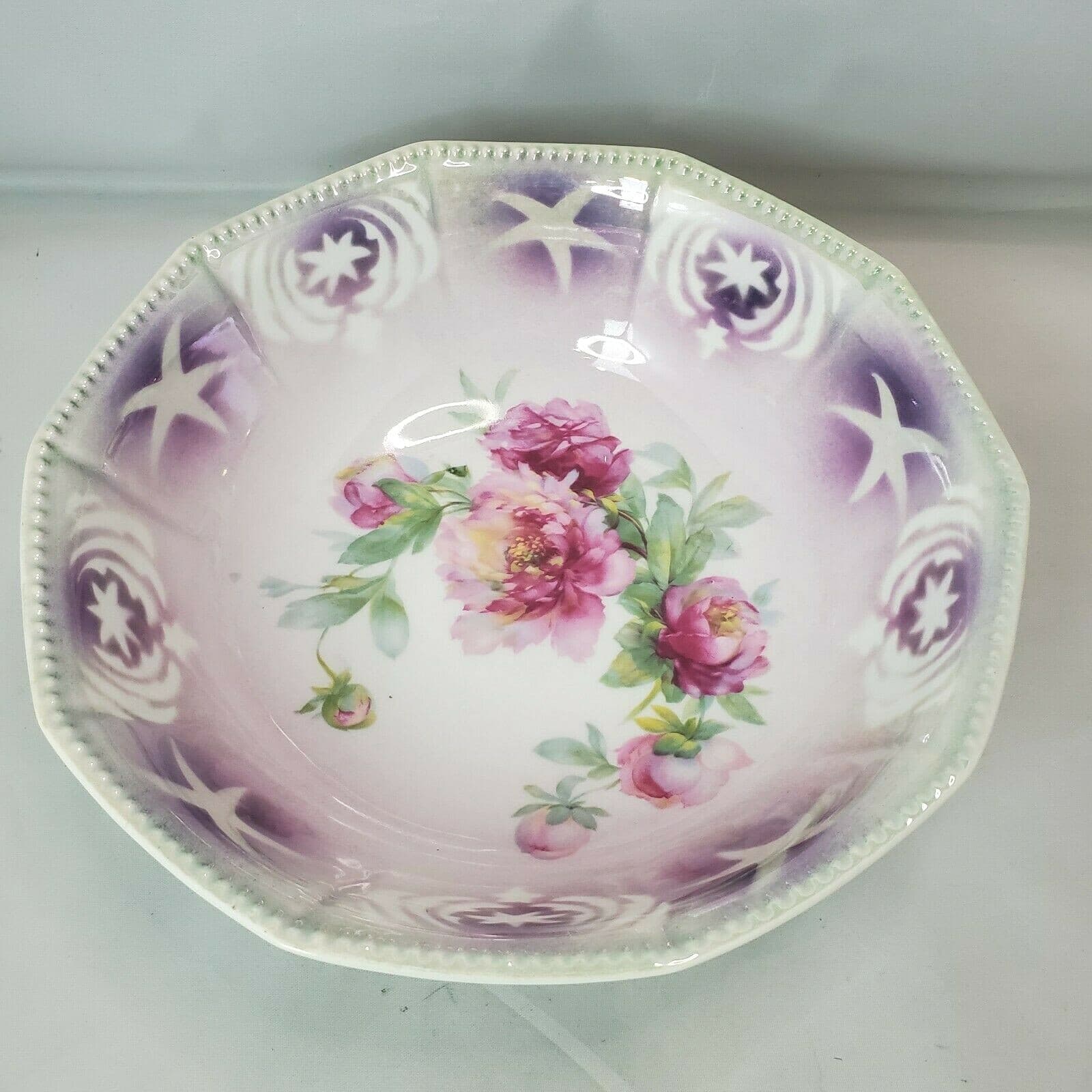 Vintage K&L Germany Porcelain Transfer Vegetable Serving Bowl Roses Star Flowers