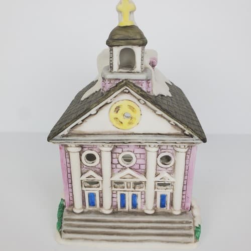 Vtg 1988 Lefton Byron Wood Colonial Village Church w/ Steeple Tea Light Holder