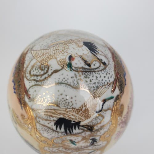 Vintage Hand Painted Satsuma Porcelain Egg Geisha Girl Birds Motif 4.5 in - Thumbnail 5