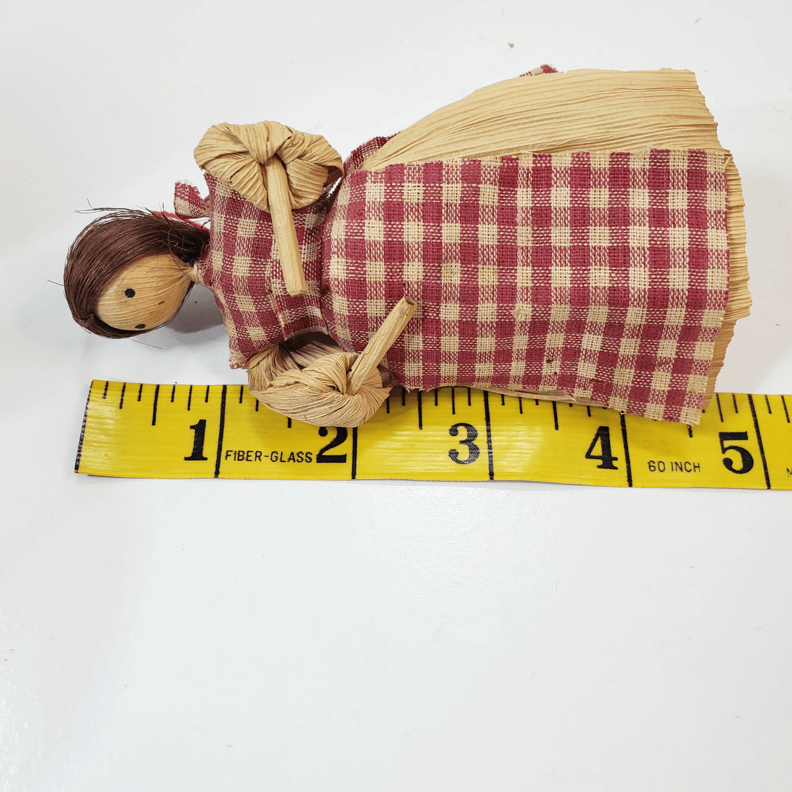 Vtg Lot of 3 Handcrafted Corn Husk Dolls Girls Dresses w/ Hat Hair Plaid Apron - Thumbnail 11