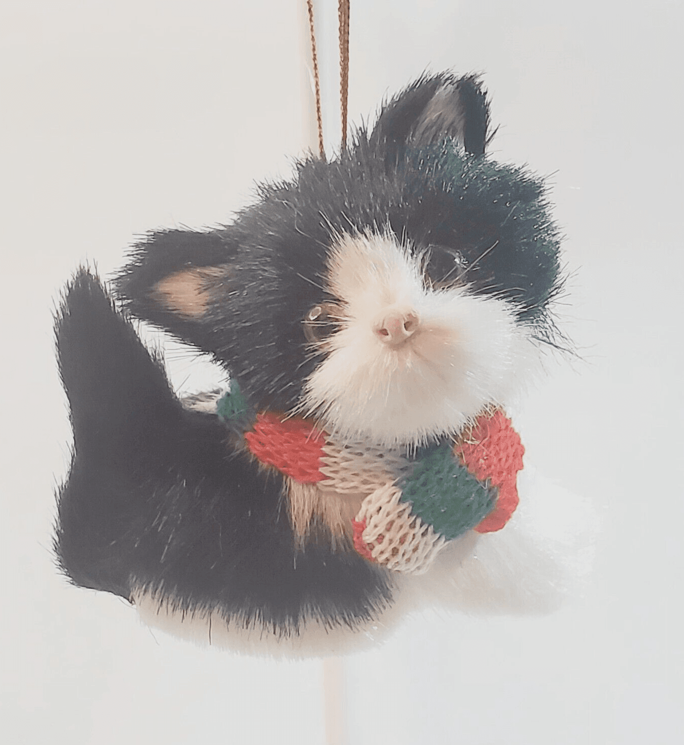 Faux Fur Kitten Miniature Christmas Ornament Cat Kitten Glass Eyes Black & White