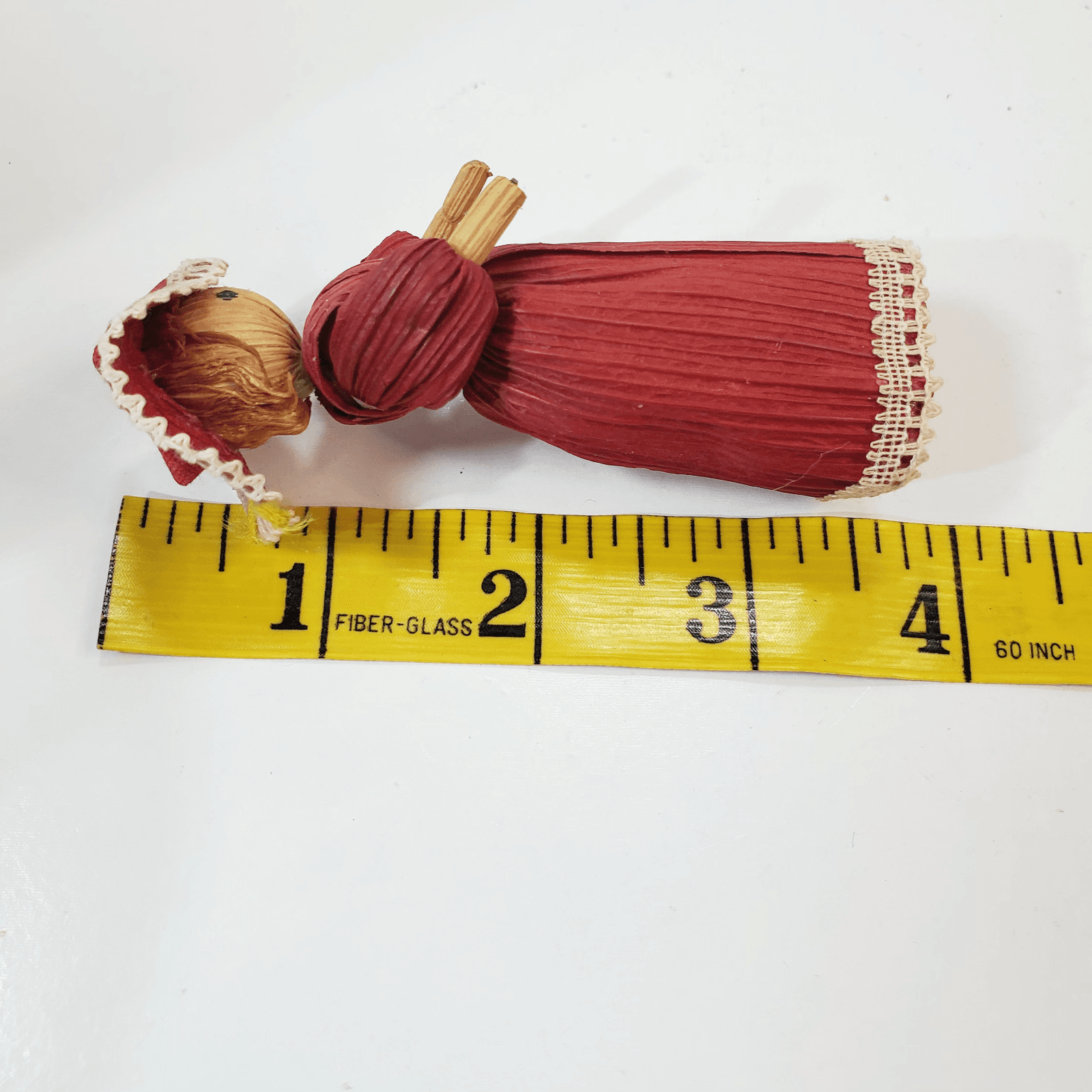 Vtg Lot of 3 Handcrafted Corn Husk Dolls Girls Dresses w/ Hat Hair Plaid Apron - Thumbnail 10