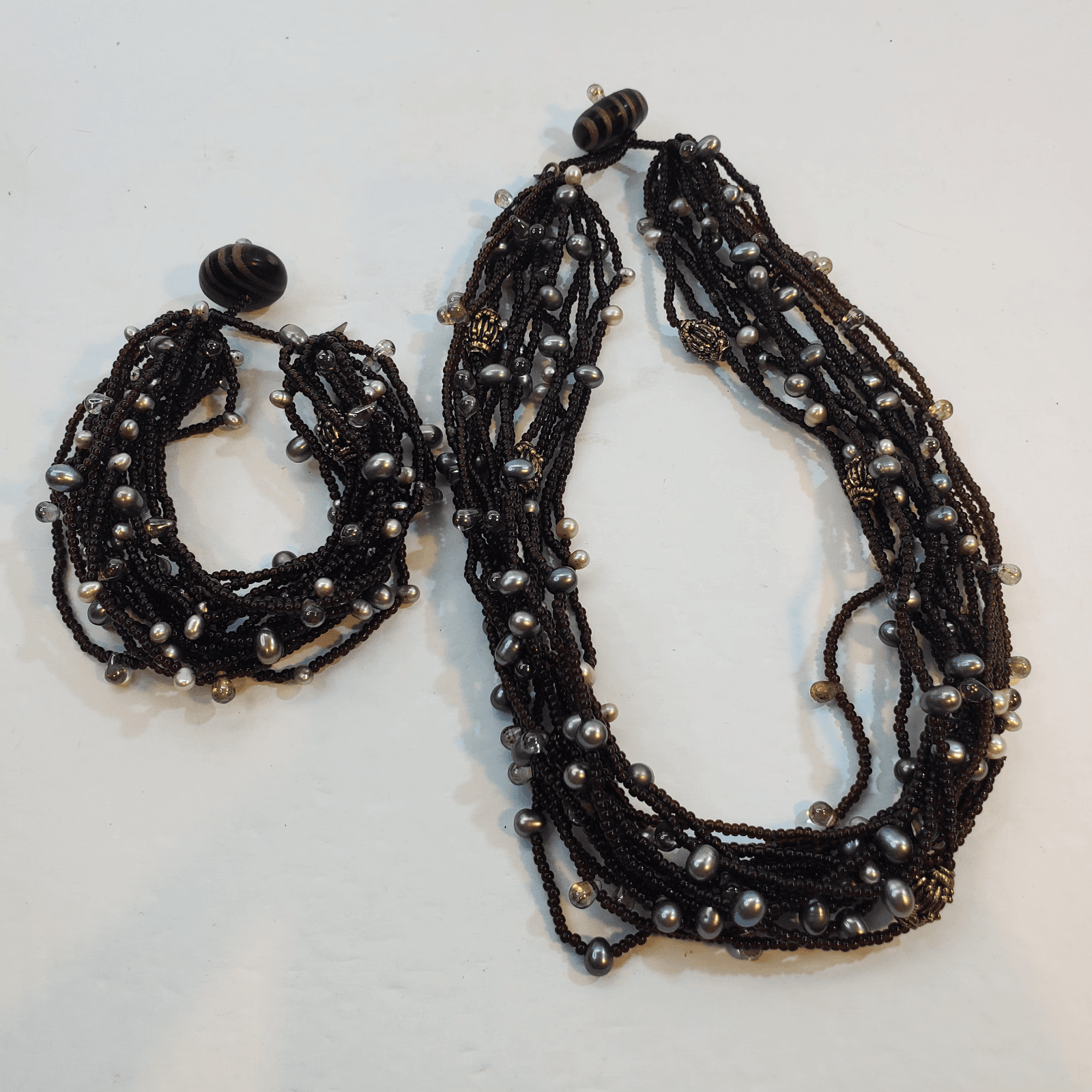 Vtg Signed Tanner Chocolate Brown Seed Bead Multi Strand Necklace & Bracelet Set - Thumbnail 2