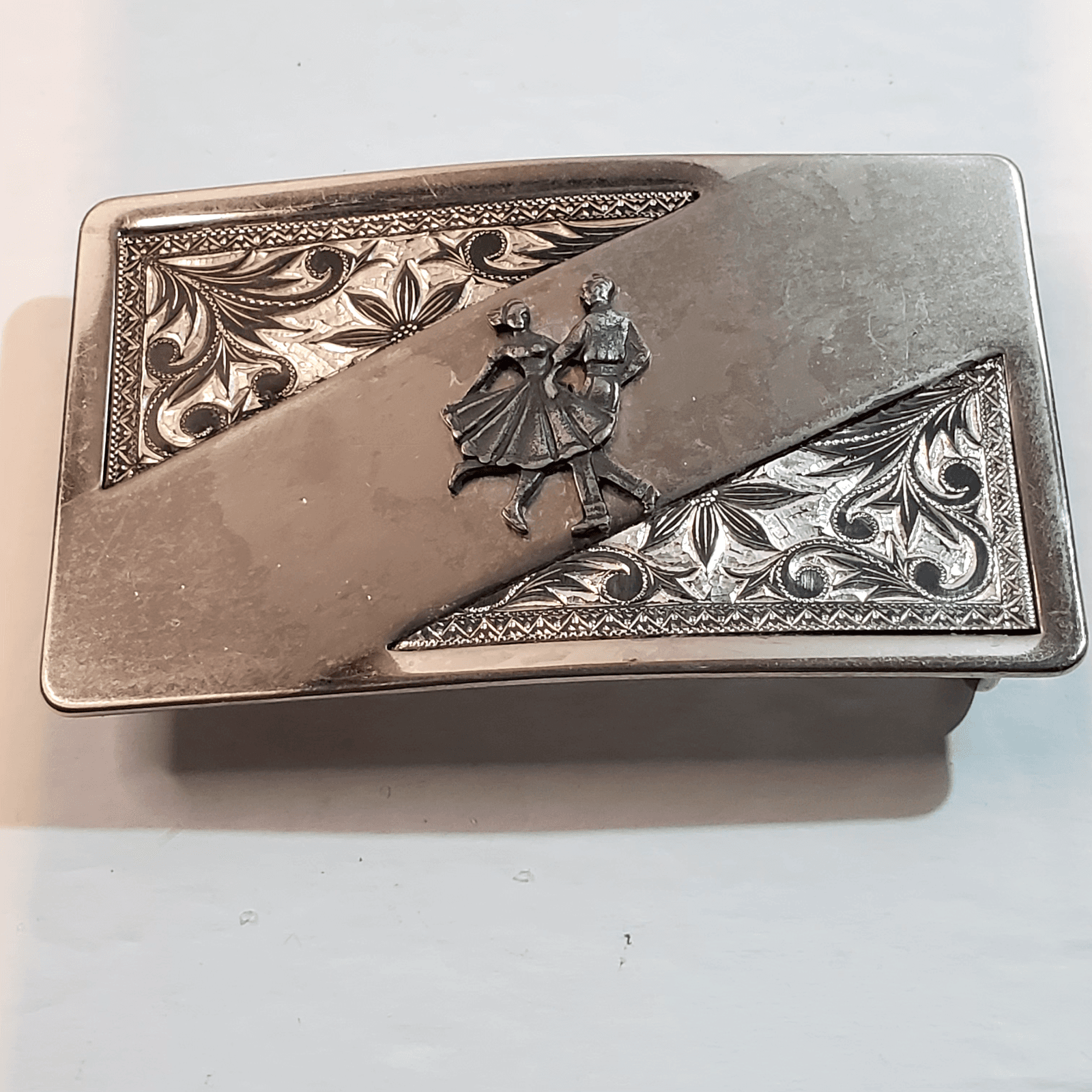 Vintage Silver Tone Line Country Square Dancing Western Scroll Belt Buckle #1548