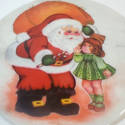 Vtg Taiwan Christmas Trivet Hot Plate Santa Clause Young Girl Marbled Holiday 8" - Thumbnail 2