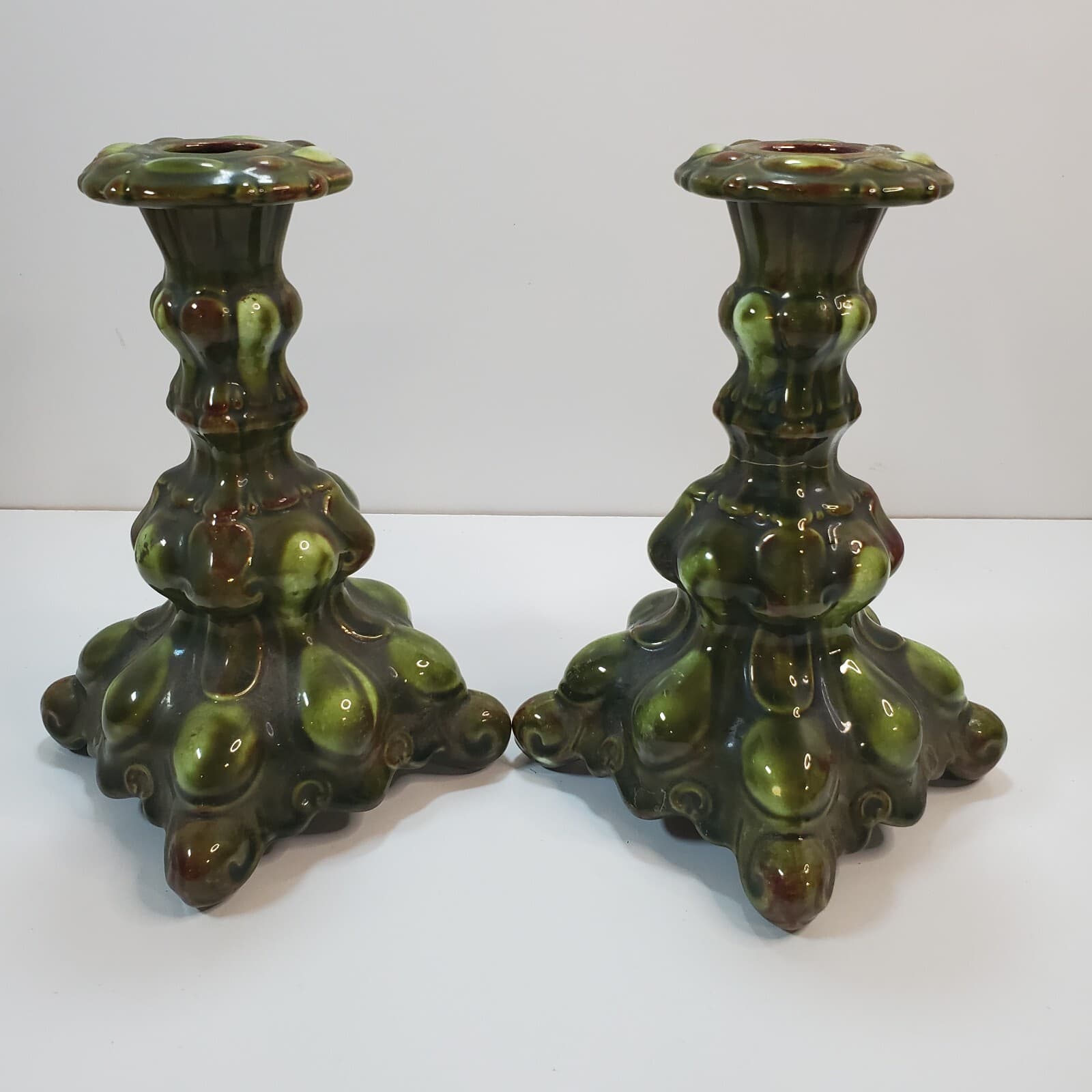 Vintage 1970s Holland Mold Mixed Green Glazed Bubble Taper Candle Holder Set - Thumbnail 7