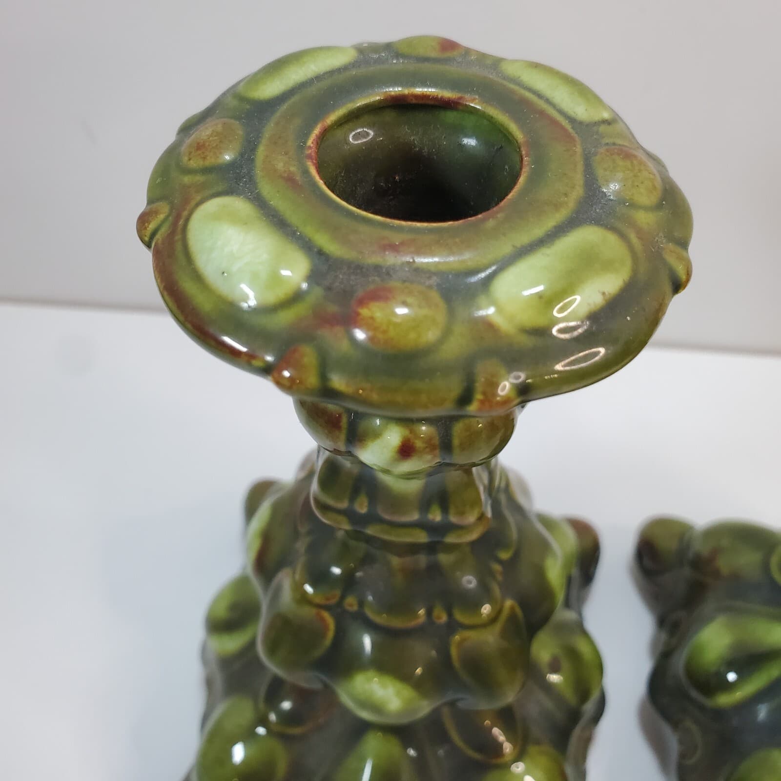 Vintage 1970s Holland Mold Mixed Green Glazed Bubble Taper Candle Holder Set - Thumbnail 3