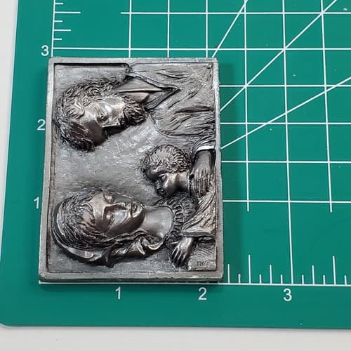 Vintage Peltro Cesellato Mano Miniature Small 3D Pewter Plaque Holy Family Italy - Thumbnail 5