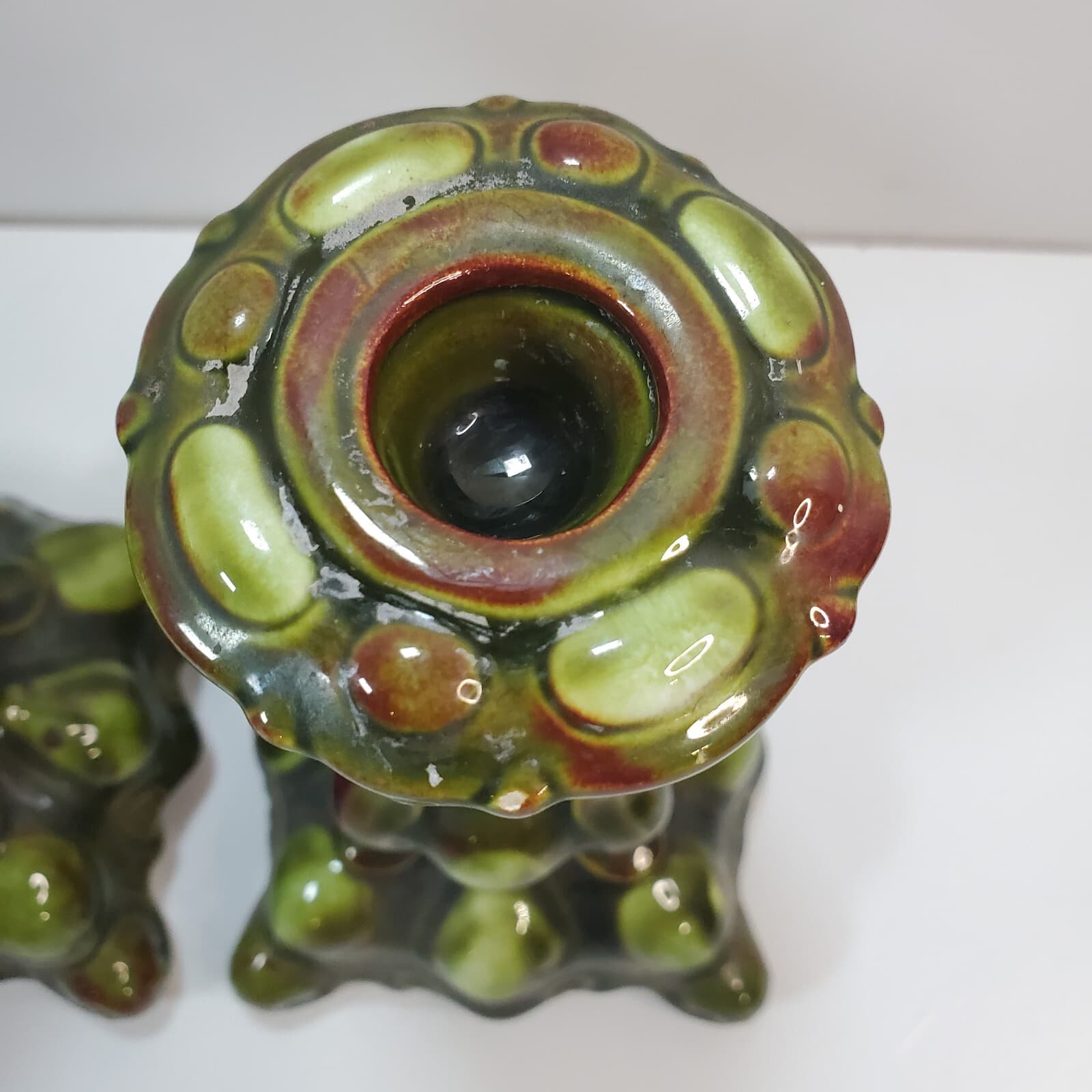 Vintage 1970s Holland Mold Mixed Green Glazed Bubble Taper Candle Holder Set - Thumbnail 2