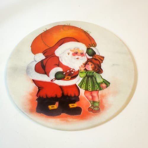 Vtg Taiwan Christmas Trivet Hot Plate Santa Clause Young Girl Marbled Holiday 8"