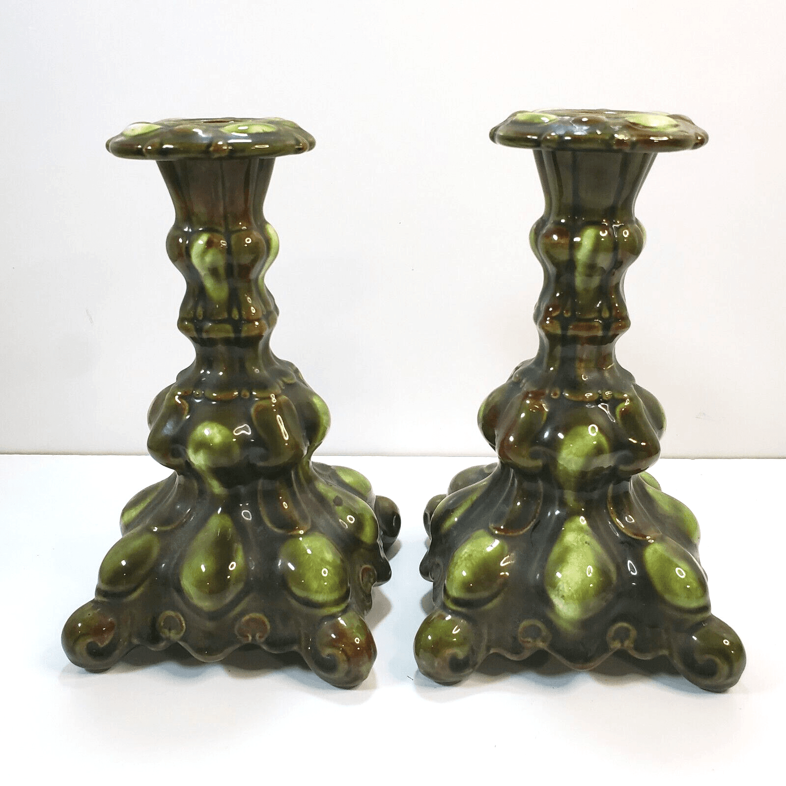 Vintage 1970s Holland Mold Mixed Green Glazed Bubble Taper Candle Holder Set
