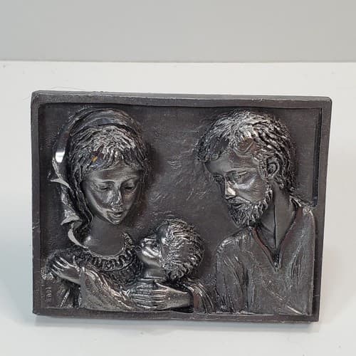 Vintage Peltro Cesellato Mano Miniature Small 3D Pewter Plaque Holy Family Italy - Thumbnail 3