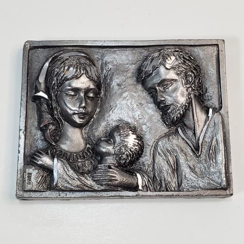 Vintage Peltro Cesellato Mano Miniature Small 3D Pewter Plaque Holy Family Italy