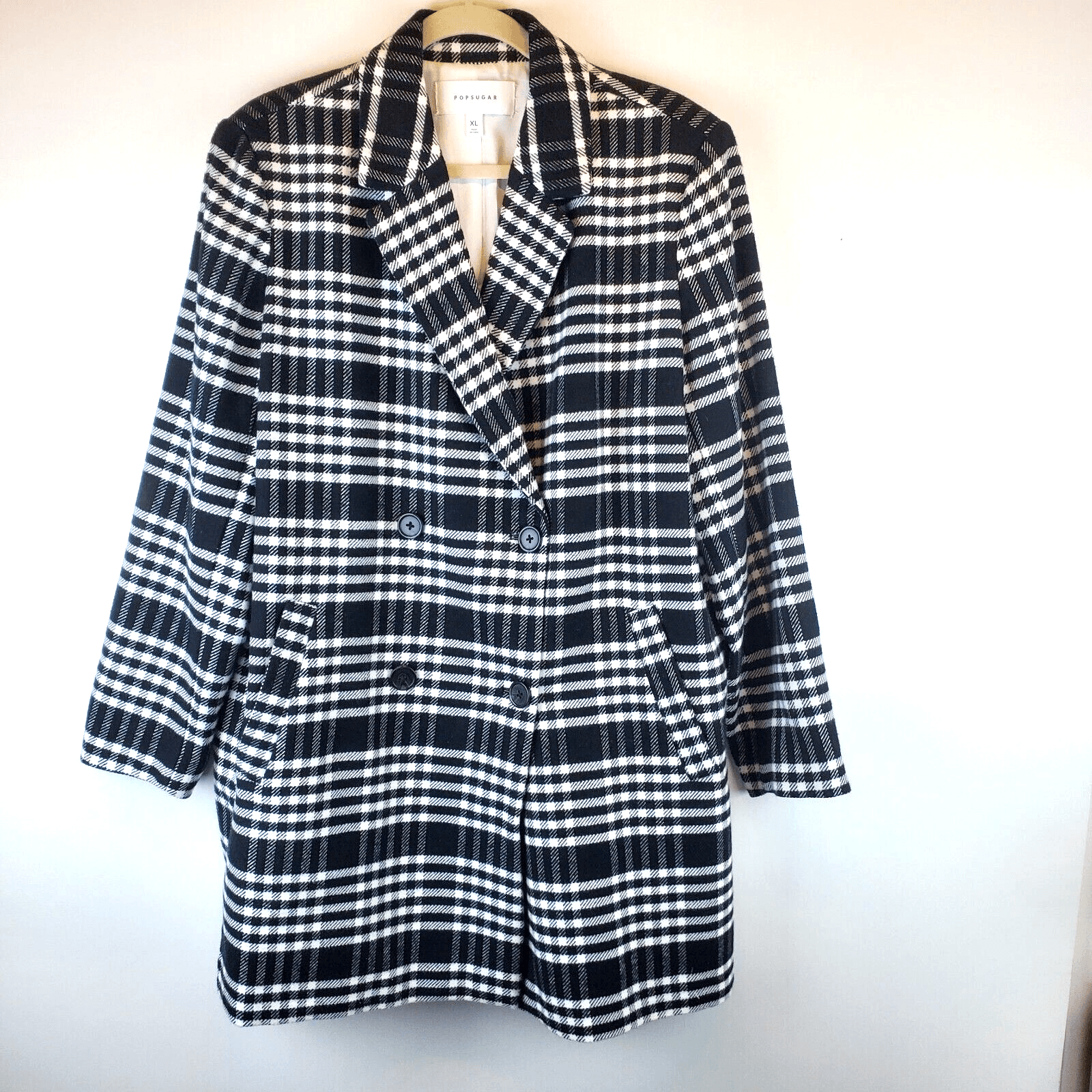 Popsugar Women's Size XL Double Breasted Plaid Jacket Coat Black White Pockets