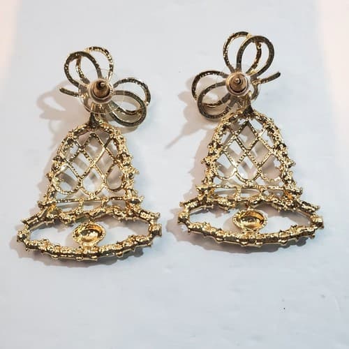Gold Tone Open Work Multi-Color Rhinestones Bell Post Earrings Christmas Holiday - Thumbnail 3