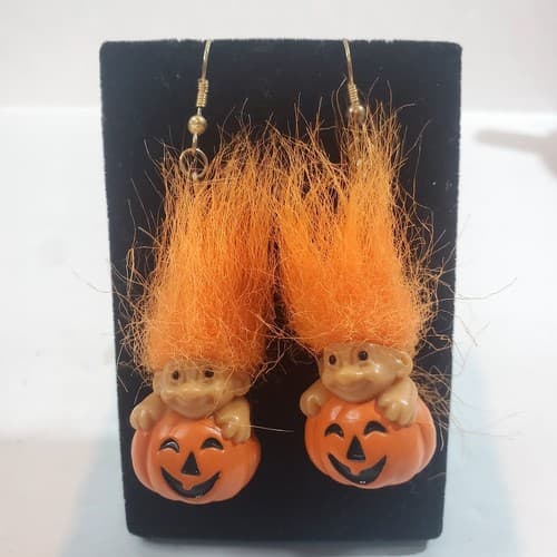 Russ Halloween Mini Orange Hair Troll Doll In Pumpkin Hook Earrings