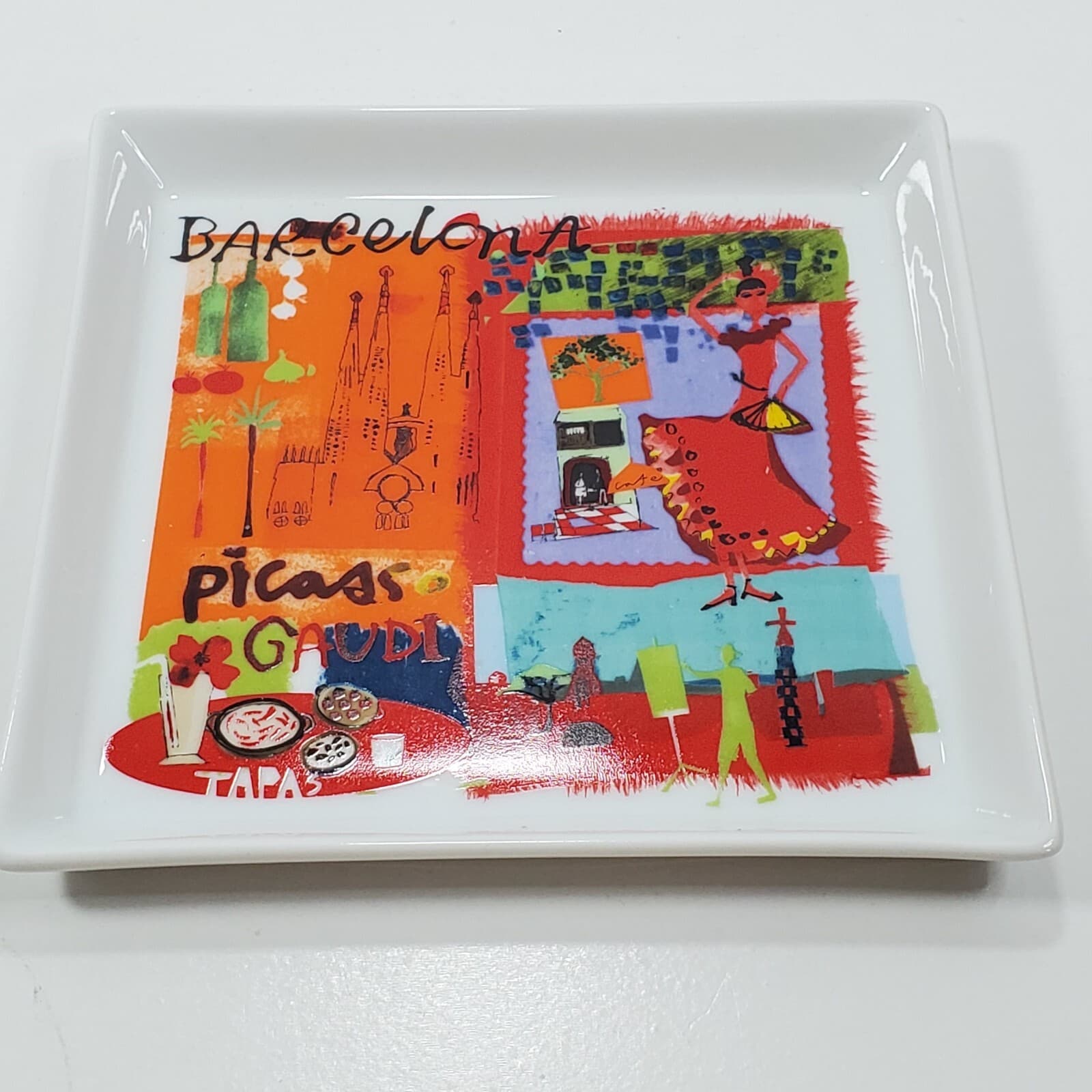 Crate & Barrel Road Trip Barcelona Appetizer Plate Ceramic Square 5.75" Decor