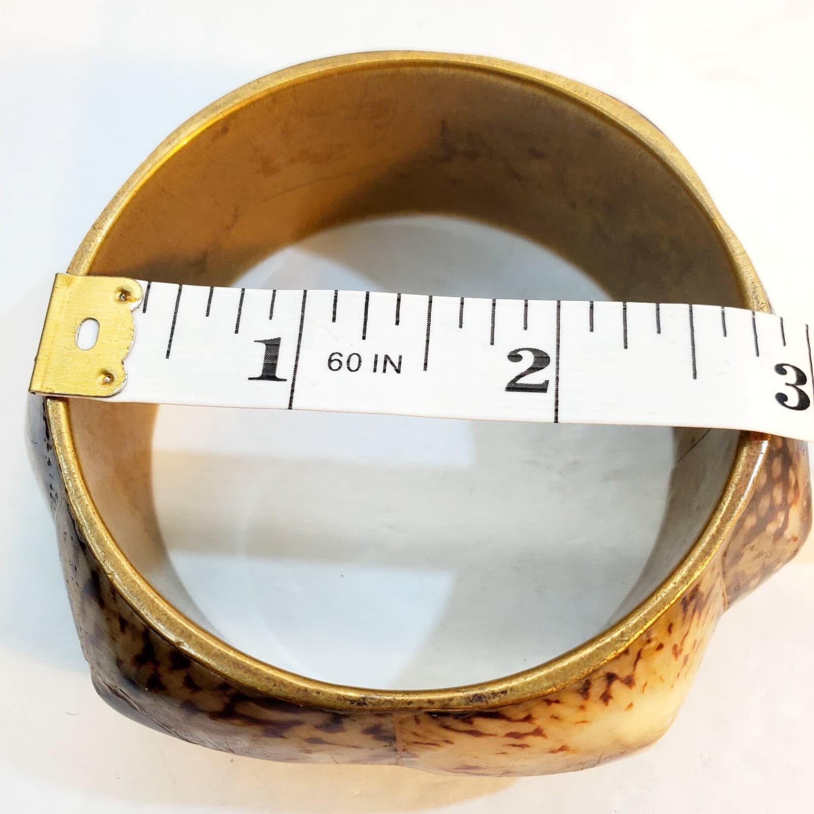 Vintage Shell & Metal Bangle Bracelet Wide Chunky Brown Cream Spotted Pattern - Thumbnail 8