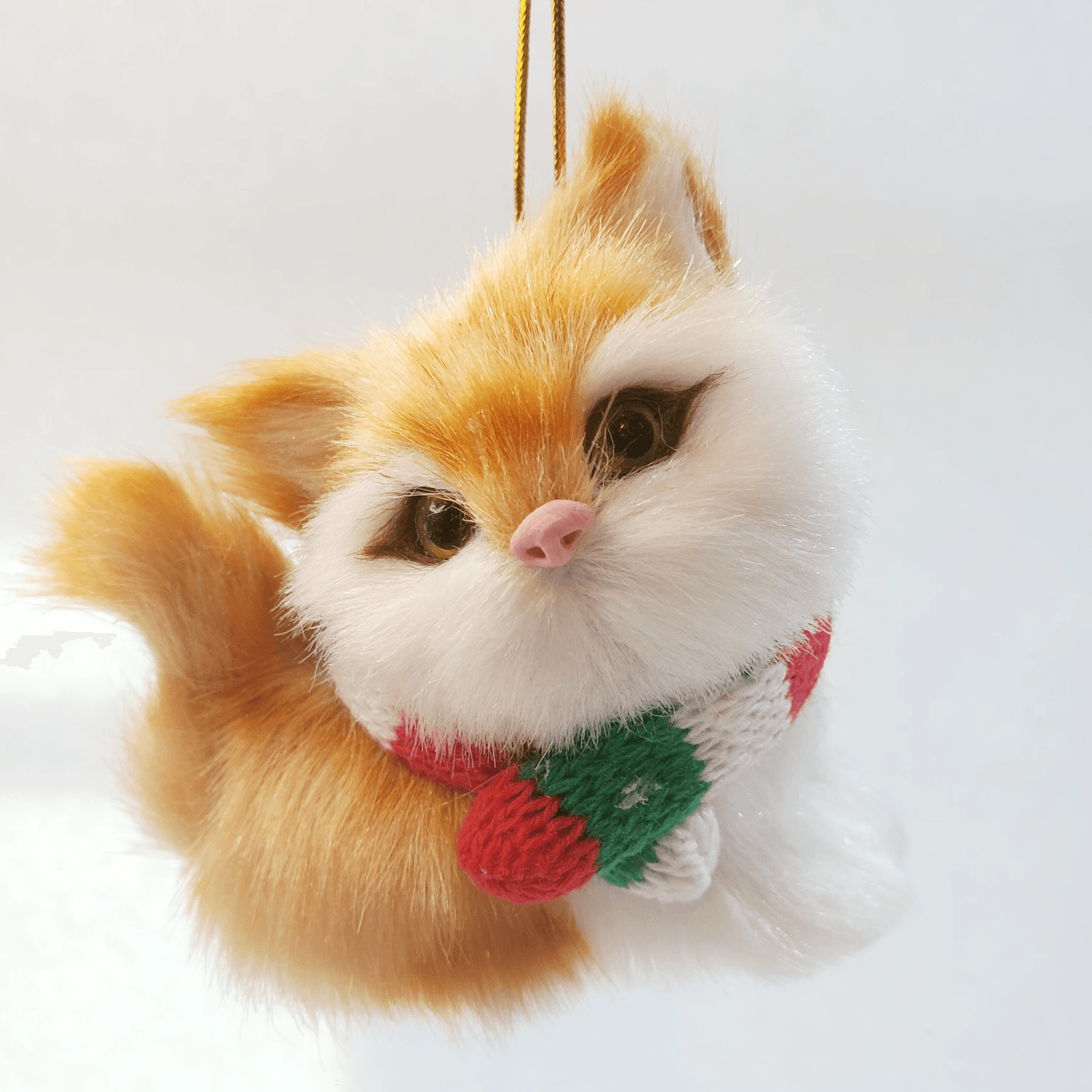 Faux Fur Kitten Miniature Christmas Ornament Cat Kitten Glass Eyes Orange White