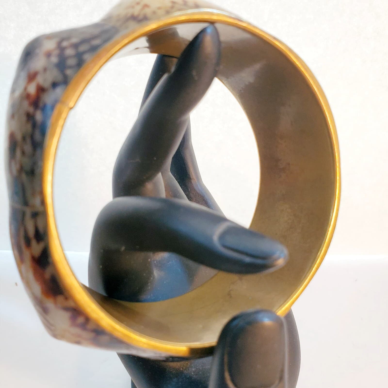Vintage Shell & Metal Bangle Bracelet Wide Chunky Brown Cream Spotted Pattern - Thumbnail 4