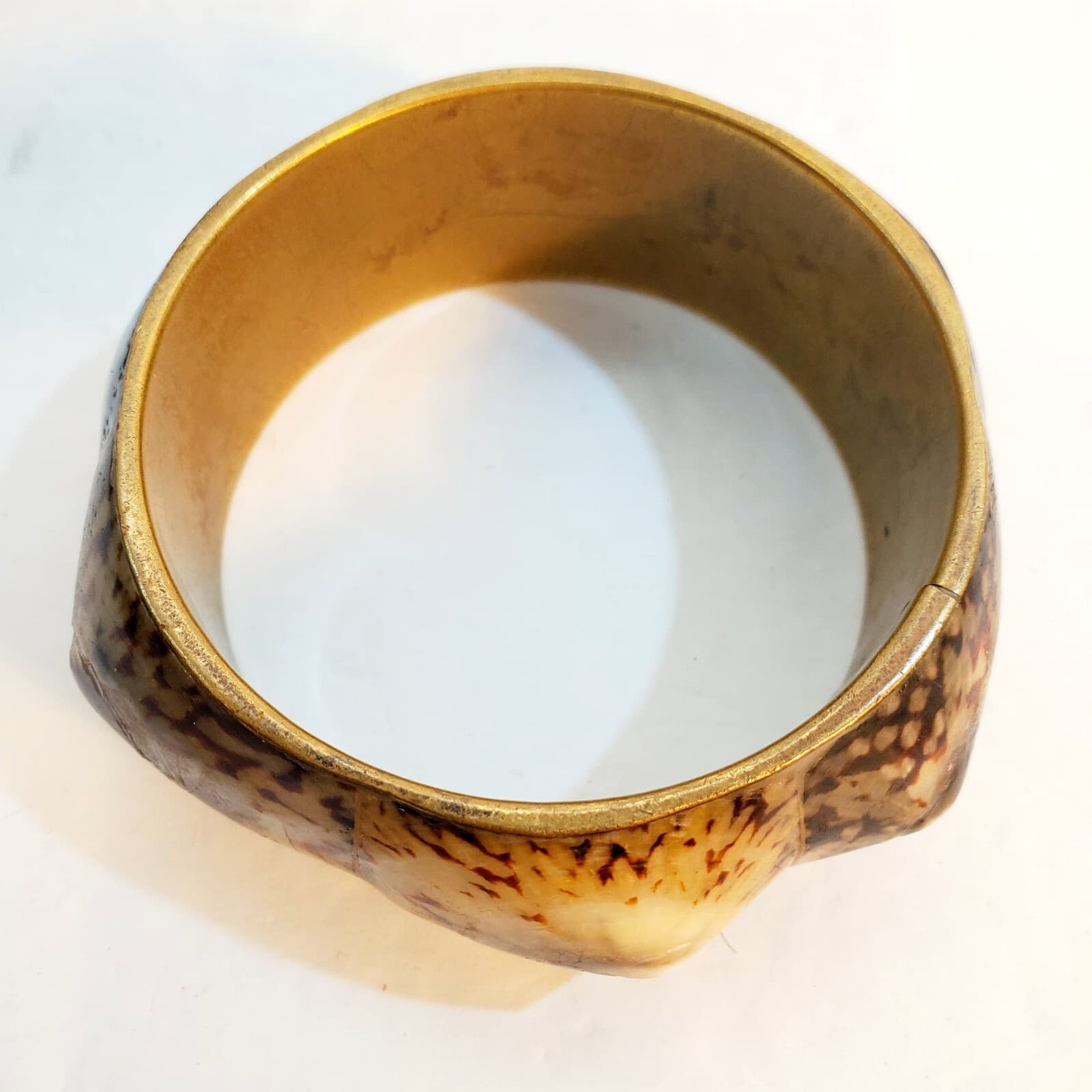 Vintage Shell & Metal Bangle Bracelet Wide Chunky Brown Cream Spotted Pattern - Thumbnail 9