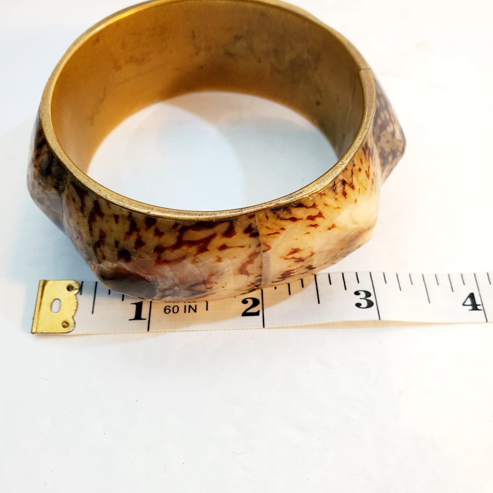 Vintage Shell & Metal Bangle Bracelet Wide Chunky Brown Cream Spotted Pattern - Thumbnail 7
