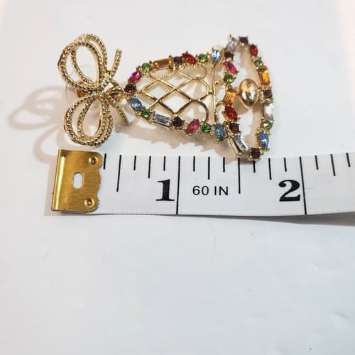 Gold Tone Open Work Multi-Color Rhinestones Bell Post Earrings Christmas Holiday - Thumbnail 4
