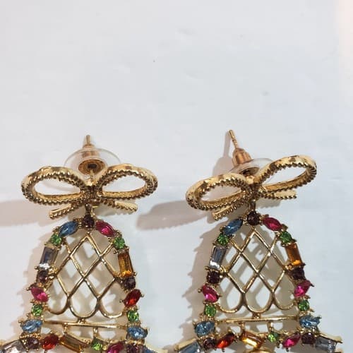 Gold Tone Open Work Multi-Color Rhinestones Bell Post Earrings Christmas Holiday - Thumbnail 2