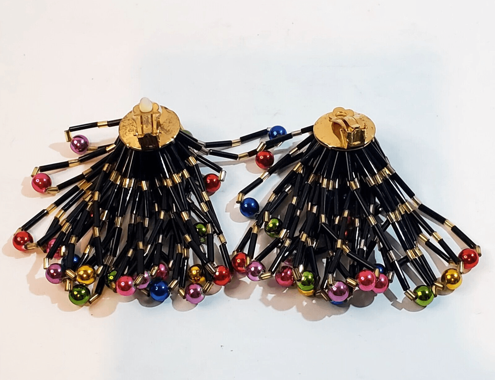 Vintage Chandelier Gold Black Rainbow Beaded Dangle Earrings - Thumbnail 3