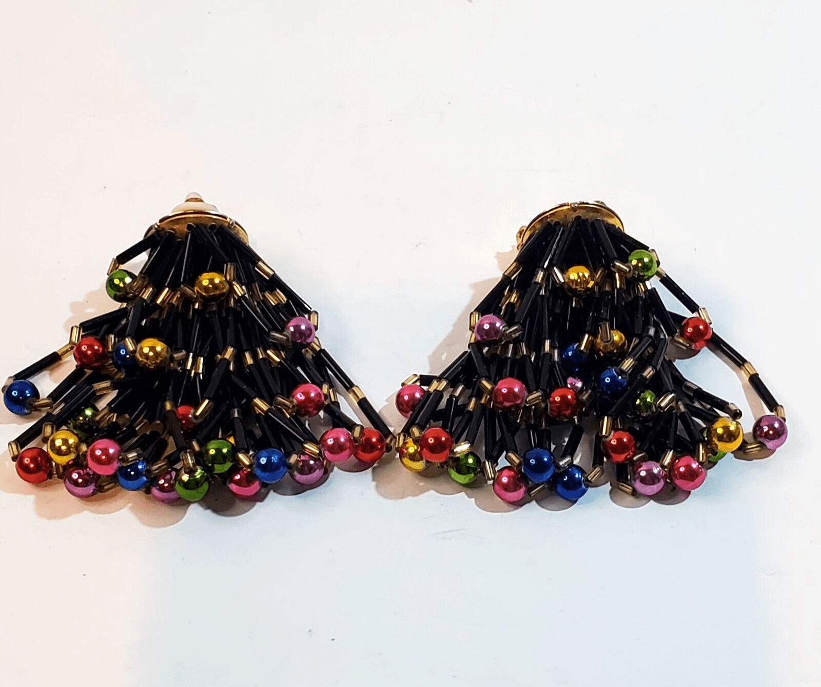 Vintage Chandelier Gold Black Rainbow Beaded Dangle Earrings