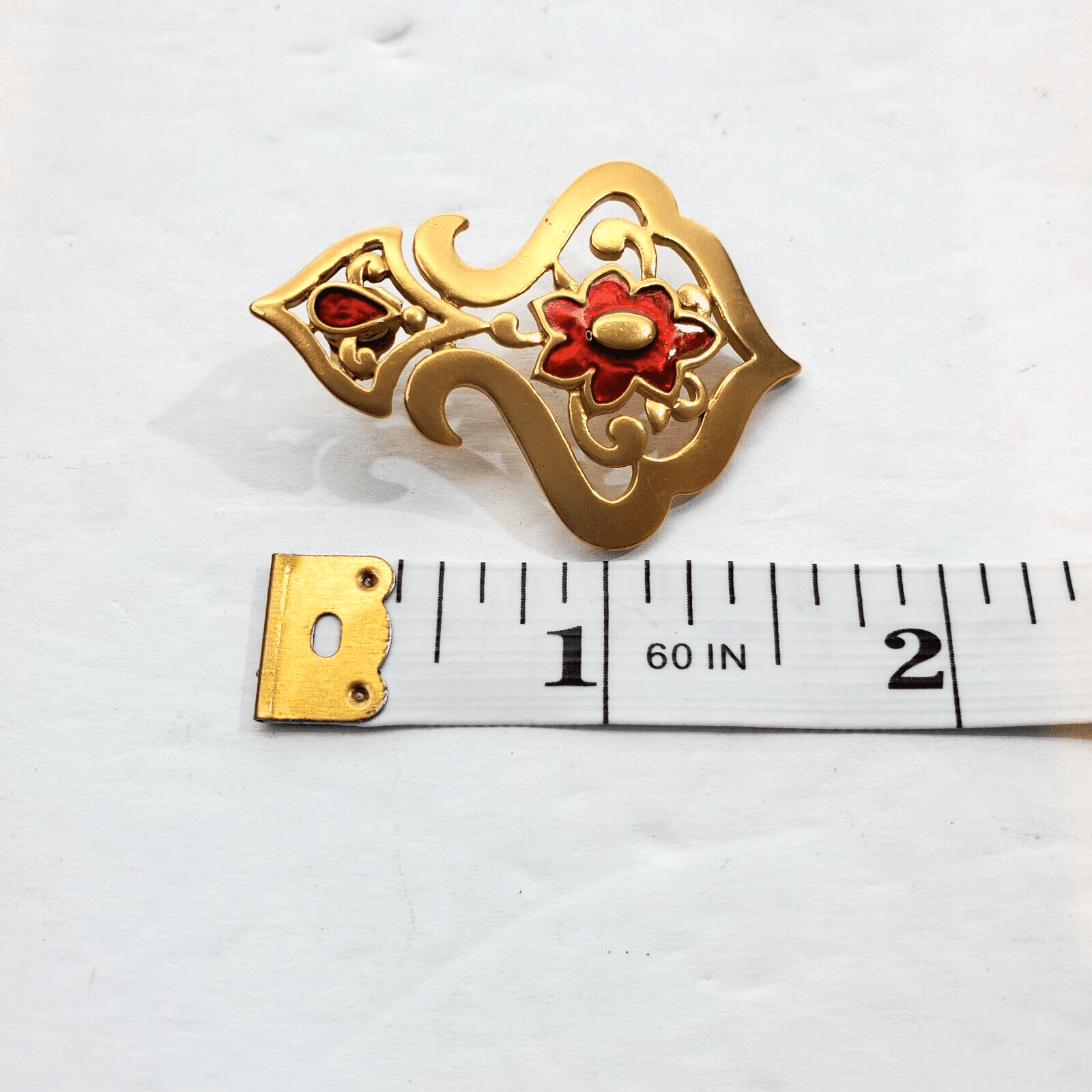 Vintage Matte Gold Tone & Red Enamel Floral Post Holiday Pierced Earrings - Thumbnail 3