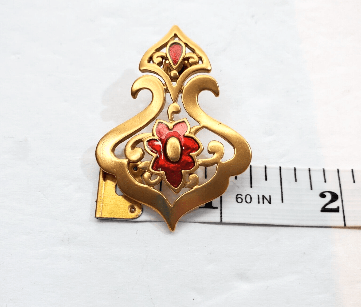 Vintage Matte Gold Tone & Red Enamel Floral Post Holiday Pierced Earrings - Thumbnail 4