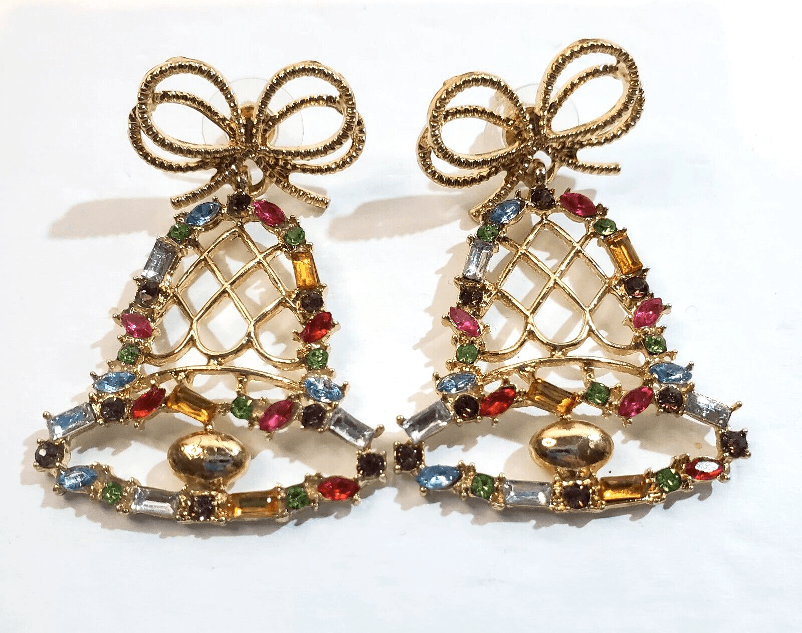 Gold Tone Open Work Multi-Color Rhinestones Bell Post Earrings Christmas Holiday