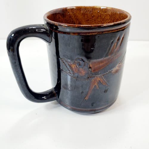 Vintage 80's Brown Glazed Pottery Coffee Mug Tea Cup Catfish Oriental Japan Art