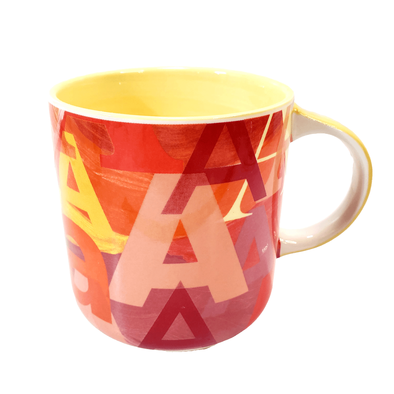 Anthropologie Coffee Mug Cup Multicolored A's in Different Fonts Yellow Inside