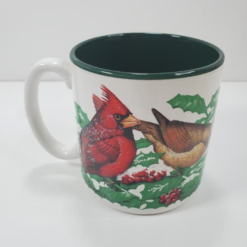Vtg Potpourri Designs Winter Cardinals Coffee Mug Bird Holly Berries Snow 1994 - Thumbnail 3