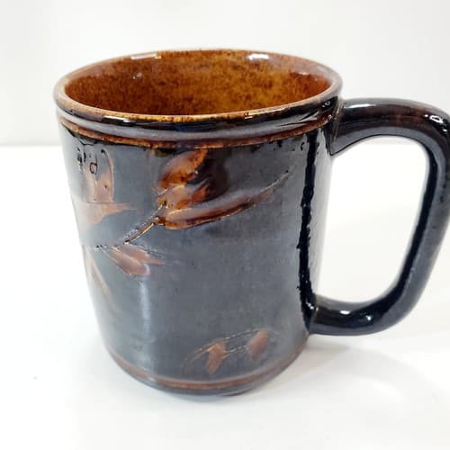 Vintage 80's Brown Glazed Pottery Coffee Mug Tea Cup Catfish Oriental Japan Art - Thumbnail 5