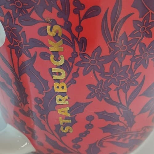 Starbucks 2017 Holiday Red Purple Poinsettia Holly 14 fl oz Gold Logo Mug Floral - Thumbnail 6
