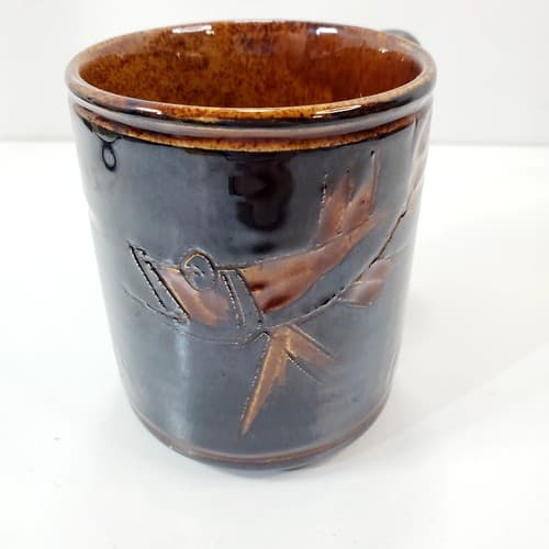 Vintage 80's Brown Glazed Pottery Coffee Mug Tea Cup Catfish Oriental Japan Art - Thumbnail 4