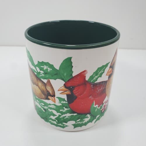 Vtg Potpourri Designs Winter Cardinals Coffee Mug Bird Holly Berries Snow 1994 - Thumbnail 2