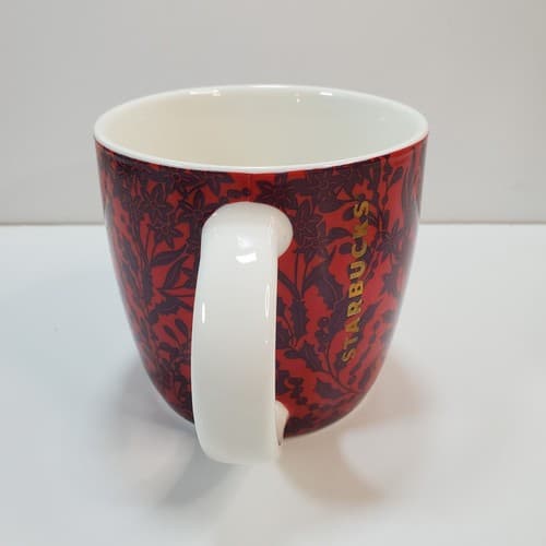 Starbucks 2017 Holiday Red Purple Poinsettia Holly 14 fl oz Gold Logo Mug Floral - Thumbnail 5