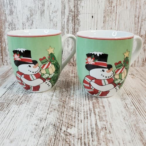 Fitz and Floyd “Top Hat Frosty” Christmas Ceramic Coffee Tea Mugs Cups Set of 2