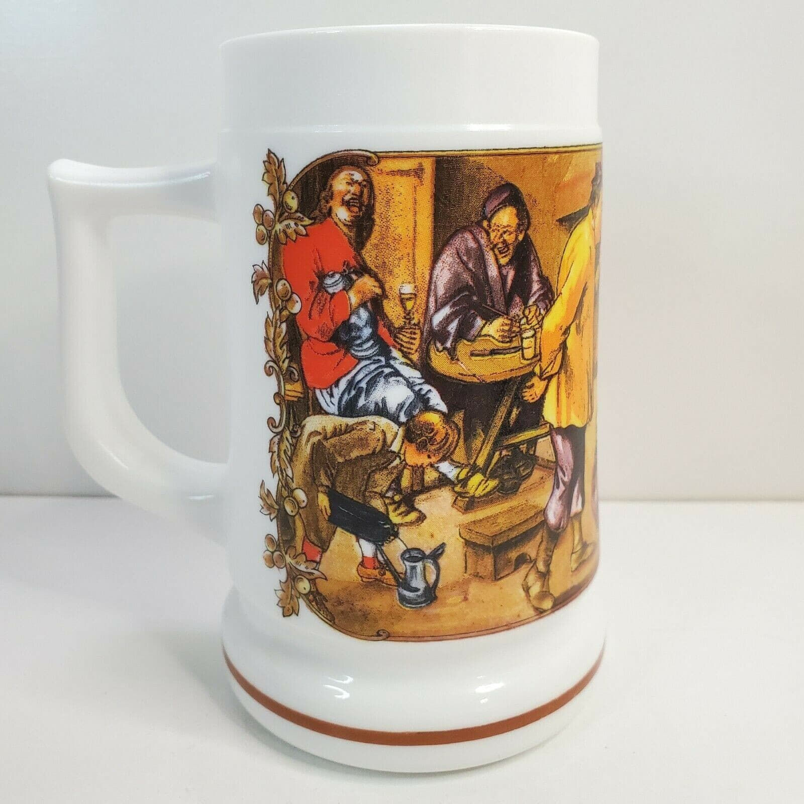 Vintage White Milk Glass Stein Mug Tavern Scene Men Drinking Stamped France 23