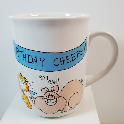 Vintage 1985 Enesco Birthday Cheers Judy Truedson Coffee Tea Mug Cup Pig Cat