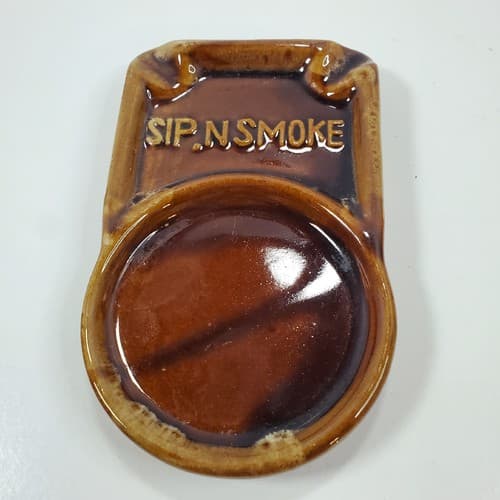 Vintage Brown Glazed Ceramic Sip & Smoke Ashtray & Coaster Mug Cup Holder Taiwan