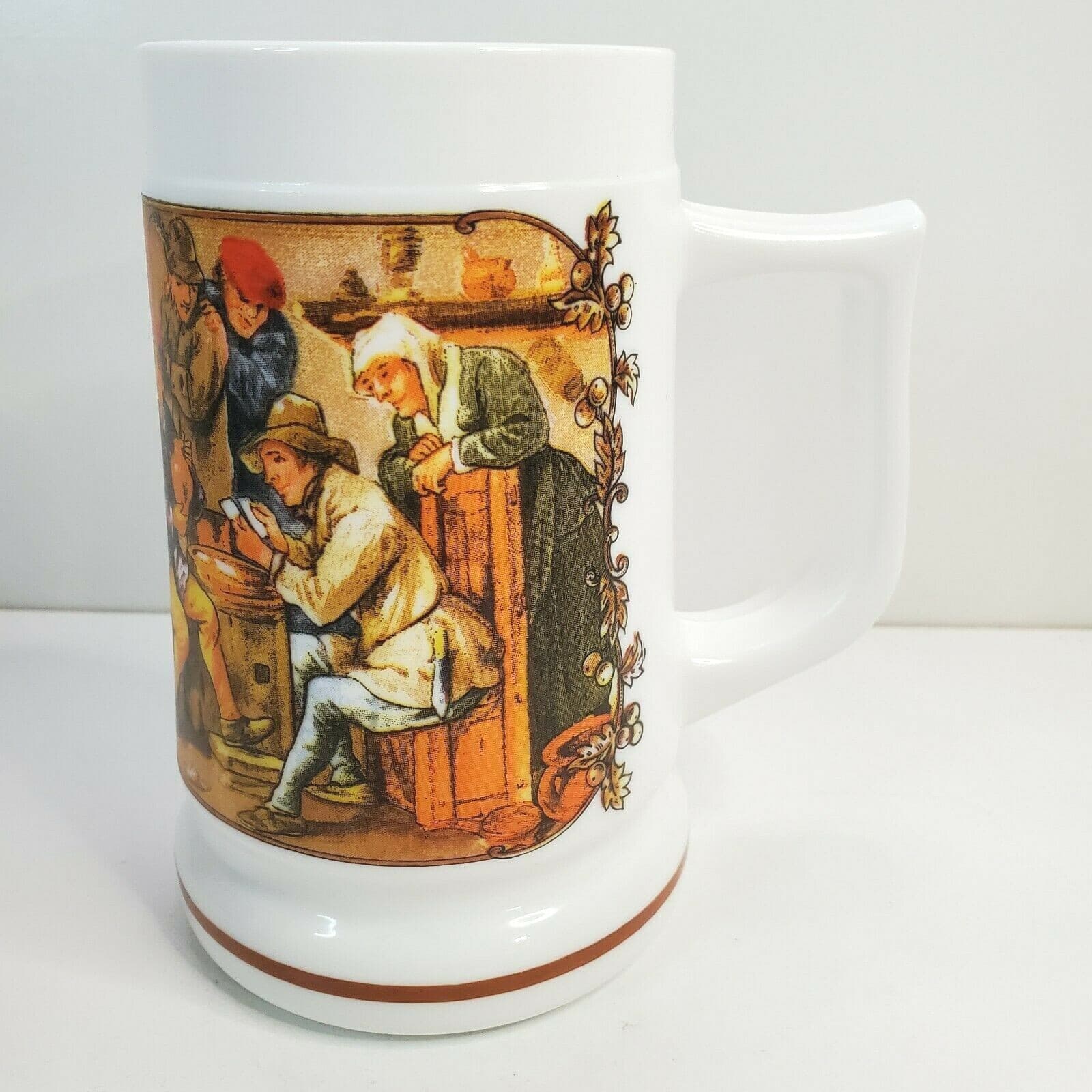 Vintage White Milk Glass Stein Mug Tavern Scene Men Drinking Stamped France 23 - Thumbnail 3