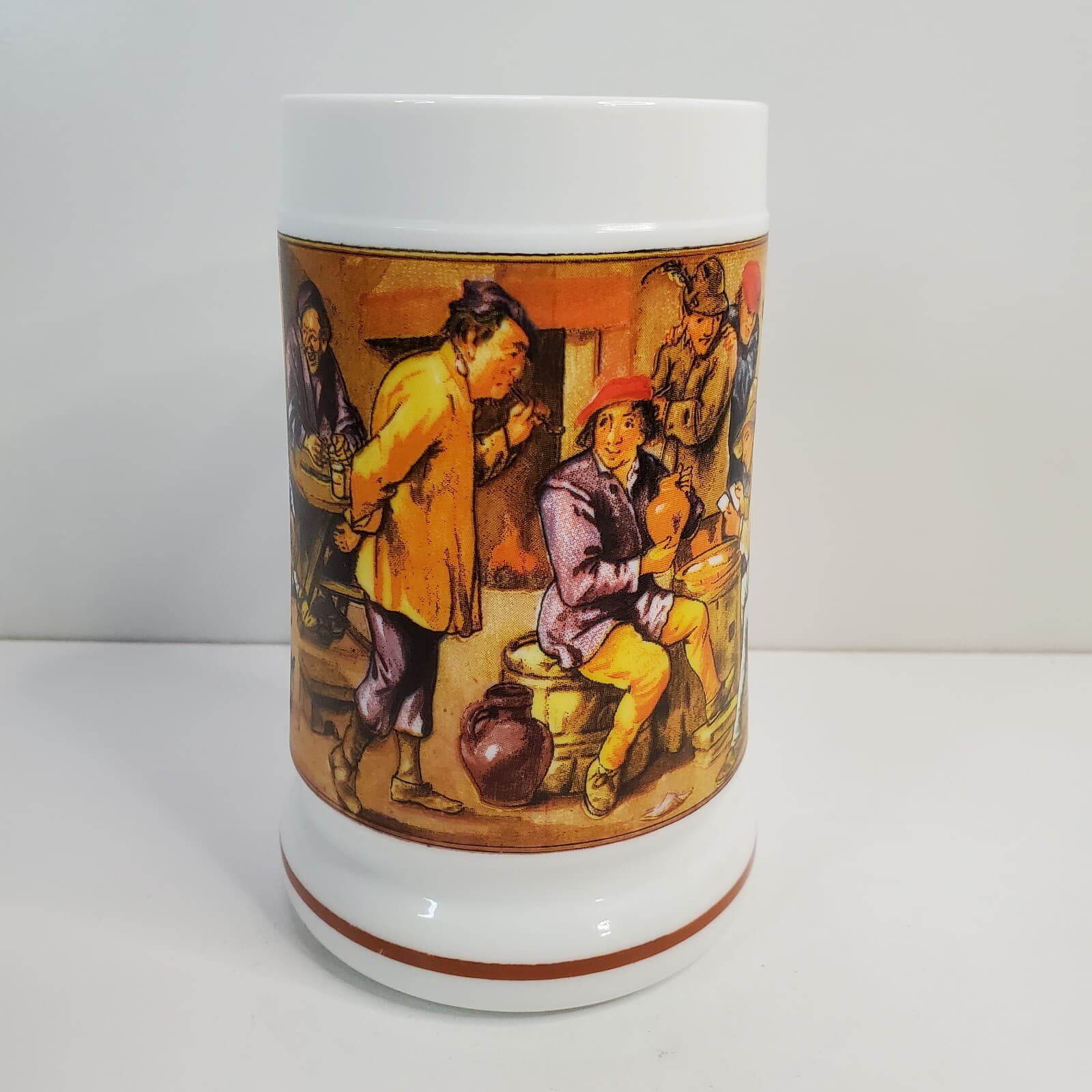 Vintage White Milk Glass Stein Mug Tavern Scene Men Drinking Stamped France 23 - Thumbnail 2