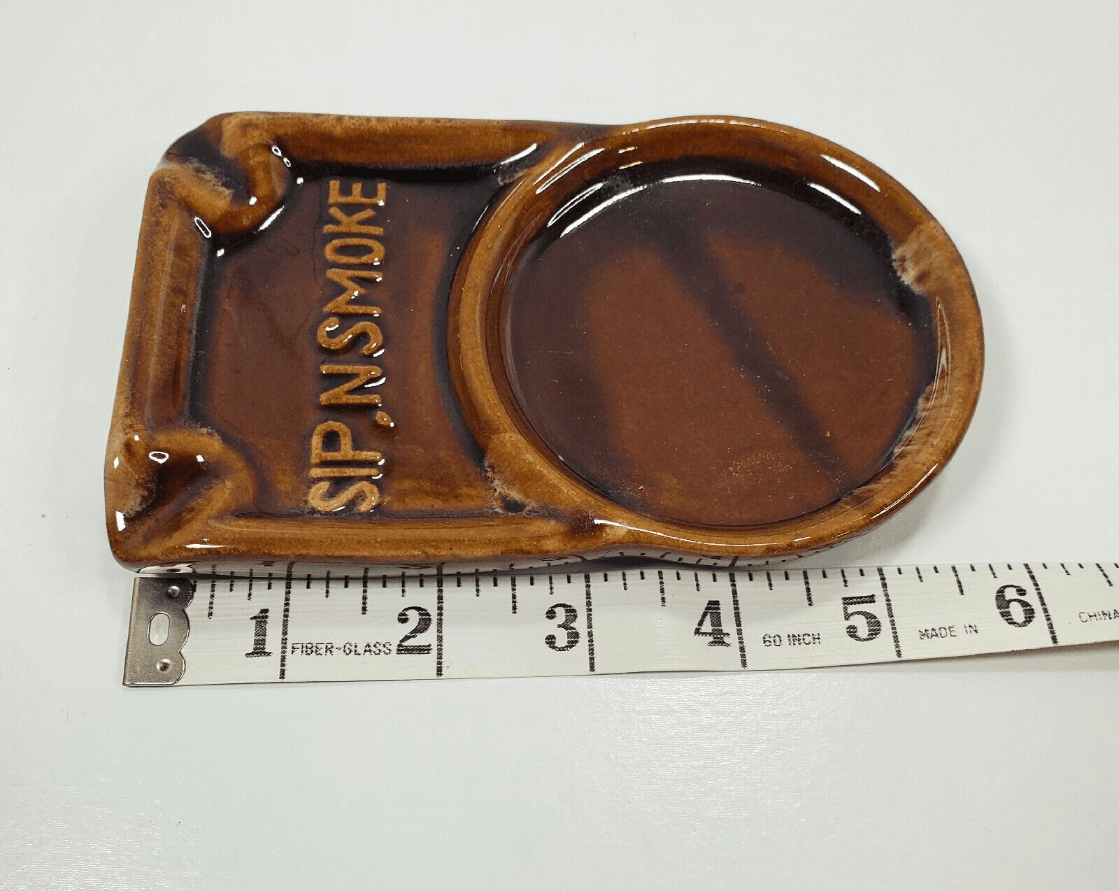 Vintage Brown Glazed Ceramic Sip & Smoke Ashtray & Coaster Mug Cup Holder Taiwan - Thumbnail 5